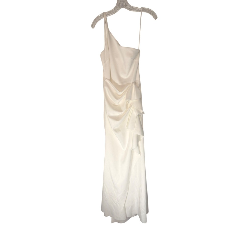 Xscape Maxi Dress Wedding Formal White One Shoulder Scuba Ruffle Dress Size 8